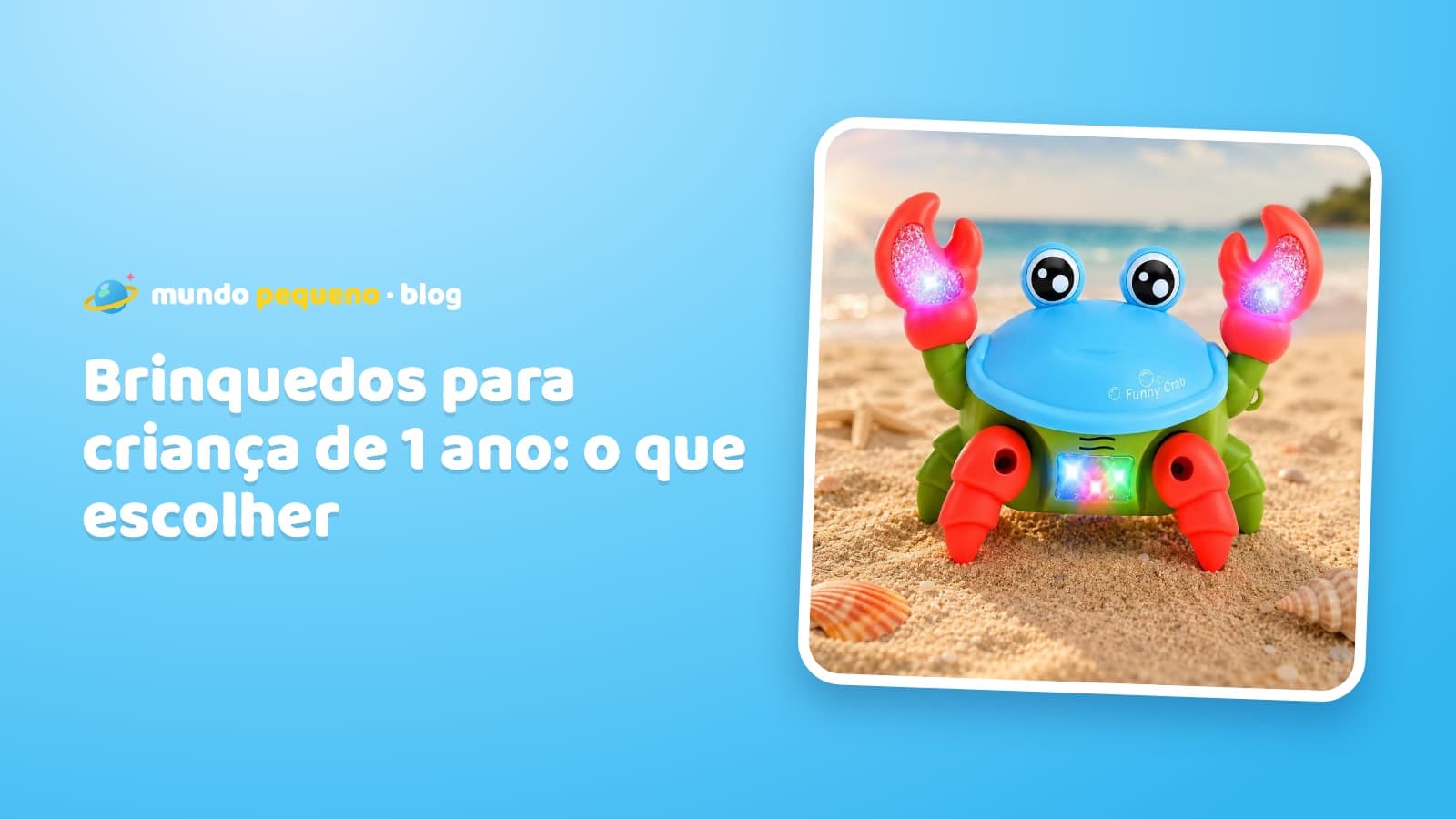 Bebê de um ano engatinhando atrás de um caranguejo de brinquedo com luzes coloridas na sala
