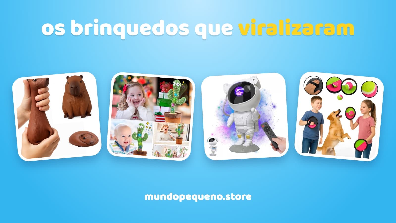 Montagem com projetor astronauta, cacto dançante, squishy de capivara e raquetes de velcro